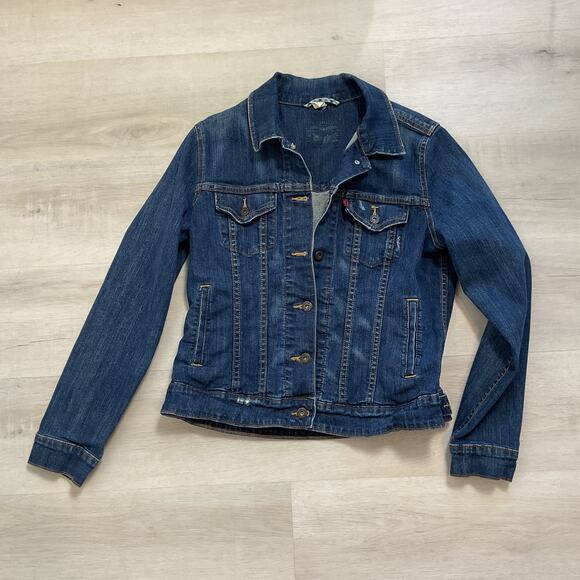 Levi Strauss Womens Button Up Jean Jacket Dark Wash Large Adjustable Waist - Picture 1 of 14
